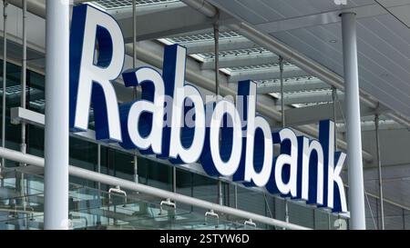 Logo Rabobank à l'entrée du bâtiment du siège. Banque D'Images