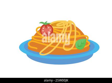 Pâtes à la tomate et au basilic sur assiette. Nourriture et cuisine traditionnelle, Italie. Symboles et illustration vectorielle isolée sur fond blanc. Illustration de Vecteur