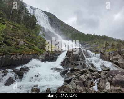 Chute d'eau majestueuse descendant les falaises accidentées dans le paysage enchanteur de Norvège Banque D'Images