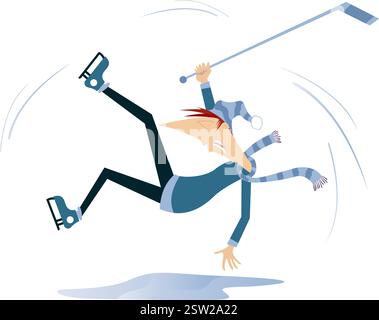 Chute d'un joueur de hockey sur glace. Sports d'hiver. Dessin animé un joueur de hockey sur glace glisse sur la glace. Isolé sur fond blanc Illustration de Vecteur