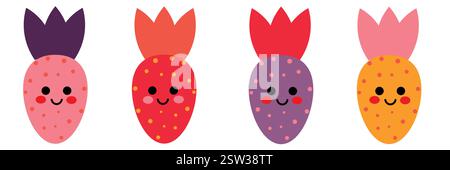 Ensemble de fraises colorées mignonnes avec des visages souriants Illustration de Vecteur