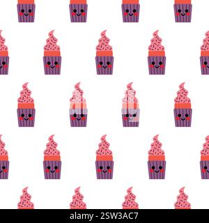 Motif sans couture d'icônes de Cupcake souriant avec glaçage coloré Illustration de Vecteur