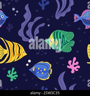 Motif sans couture de poisson exotique. Habitants tropicaux des récifs coralliens des Caraïbes. Mers chaudes et océans vie sous-marine. Impression répétée. Aquaculture d'eau de mer Illustration de Vecteur