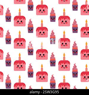 Motif sans couture de gâteaux d'anniversaire Kawaii et Cupcakes avec des bougies Illustration de Vecteur