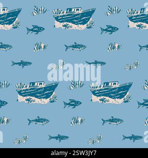 Épave vintage, poisson et corail sur Blue Ocean Pattern. Épaves dessinées à la main, poissons et corail en bleu profond sur fond bleu clair, vintage Illustration de Vecteur