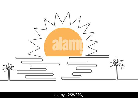 Coucher de soleil continu dessin d'art d'une ligne avec illustration vectorielle de contour et design minimaliste. Illustration de Vecteur