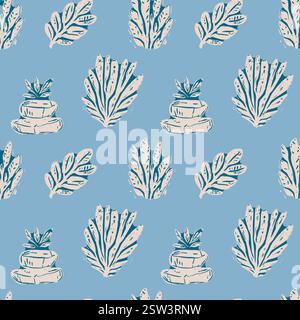 Vintage bleu et blanc algues sur motif bleu clair. Algues dessinées à la main et pierres empilées en bleu et blanc sur fond bleu clair vintage Illustration de Vecteur