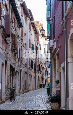 Charmante ruelle pavée à Rovinj, Croatie, baignée de lumière douce du matin Banque D'Images