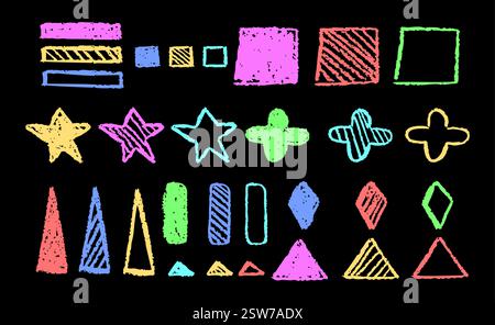 Ensemble de formes de base géométriques abstraites dessinées avec du pastel coloré ou du charbon de bois. Peinture dessinée à la main losange, triangle, étoile, collection de figures en croix Illustration de Vecteur