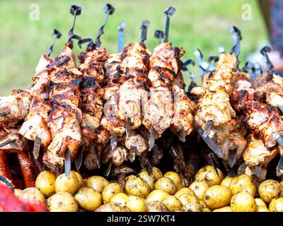 Cuisson appétissante shish kebab chaud ou shashlik sur des brochettes en métal Banque D'Images