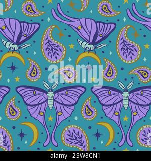 Motif sans couture avec motif céleste luna Moth et Paisley. Fond d'écran boho étoiles et lunes Illustration de Vecteur