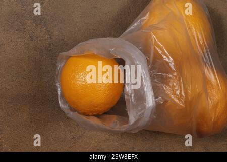 Un sac en plastique, comme un récipient, est rempli d'oranges. Banque D'Images