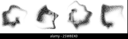 Dégradés en pointillés formes fumées. Taches et taches de liquide granuleux. Ensemble de poussière coulant noir pointillé. Des éclaboussures de bruit et des éclaboussures se forment. Dissoudre la texture des particules de sable. Eléments demi-ton à évanouissement vectoriel Illustration de Vecteur