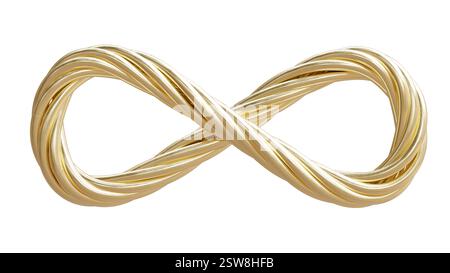 Corde dorée en forme d'infini isolée sur blanc, rendu 3D. Banque D'Images