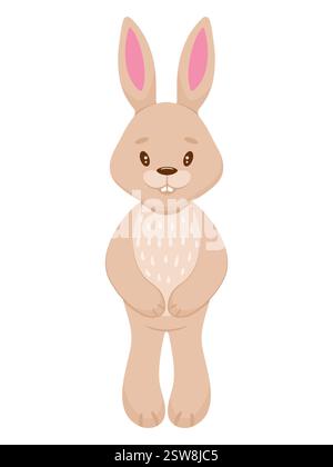 Un lapin de dessin animé mignon avec de grands yeux et des oreilles roses, debout. Parfait pour les livres pour enfants, les illustrations, ou tout projet nécessitant un amical Illustration de Vecteur