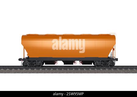 Train de wagons orange sur un fond blanc. Wagons spécialisés pour le transport de matériaux en vrac tels que le grain, le ciment ou d'autres marchandises industrielles. Banque D'Images
