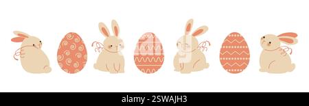 Ensemble de lapins mignons et œufs de Pâques décorés pour des motifs de Pâques joyeuses. Illustration lumineuse et joyeuse pour cartes de vœux, invitations et festives Illustration de Vecteur