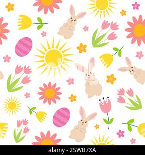 motif représentant des lapins, des fleurs et des œufs Illustration de Vecteur