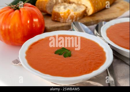Célèbre soupe de légumes de Cordoue, Andalousie salmorejo servi froid dans le café pour le déjeuner comme plat d'entrée, nourriture végétarienne Banque D'Images