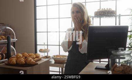 Jeune femme blonde dans une boulangerie semble choquée entourée de pâtisseries et de gâteaux près d'une caisse enregistreuse à l'intérieur d'un magasin moderne Banque D'Images