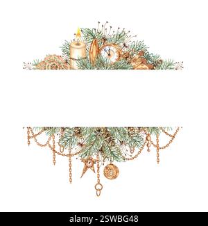 Branches de sapin, cônes, herbe, horloge, cadeaux, bougie, engrenages, pendentifs bannière de Noël illustration aquarelle. Cadre rectangulaire du nouvel an, avec pl d'hiver Banque D'Images