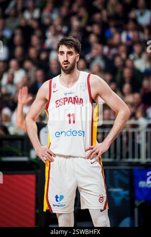 RIGA, Lettonie. 20 février 2025. Match qualificatif FIBA Eurobasket entre l'équipe Lettonie et l'équipe Espagne. Crédit : Gints Ivuskans/Alamy Live News Banque D'Images