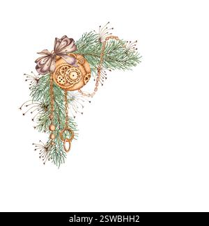 Branches de sapin avec arc brun, herbe, boule et chaînes illustration aquarelle. Plantes forestières pour l'hiver, Noël et le décor du nouvel an. Isolé de t Banque D'Images