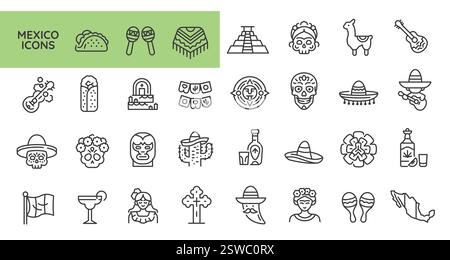 Jeu d'icônes Mexique Illustration de Vecteur