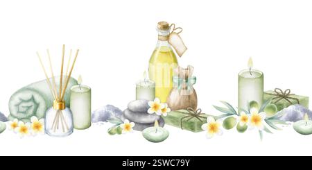 Huile d'olive, savon alep, sel de mer, serviette roulée, bougies, empilez des cailloux, des fleurs de frangipanier et des branches d'olivier. Bordure sans couture isolée d'aquarelle dessinée à la main pour ruban d'emballage, design de salon de spa. Banque D'Images