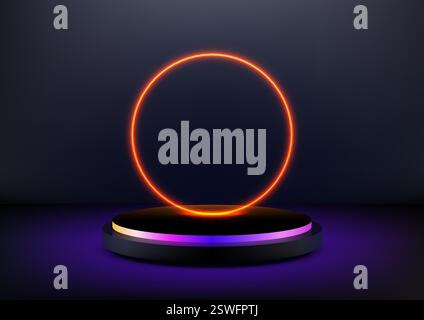 le cercle orange néon lumineux flotte au-dessus de la plate-forme noire 3d avec une base violette et jaune sur fond sombre, perf de concept de technologie dynamique et moderne Illustration de Vecteur