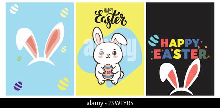 Cartes de lapin joyeuses Pâques – illustrations numériques mignonnes et colorées Illustration de Vecteur