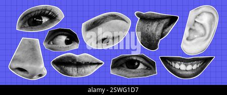 Yeux, lèvres et oreilles en texture demi-teinte. Conception de collage Y2K. Illustration vectorielle contemporaine Illustration de Vecteur