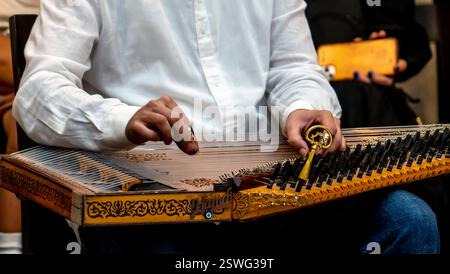 Un musicien jouant d'un instrument à cordes traditionnel, peut-être un dulcimer ou une cithare, avec des boiseries complexes. L'accent est mis sur les mains et l'instrume Banque D'Images