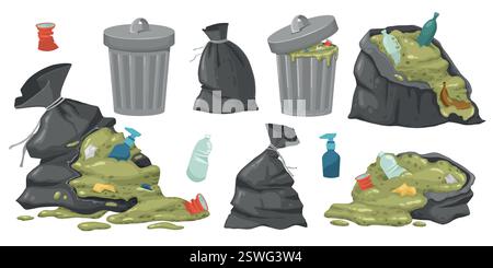 Sac poubelle de ville. Ordures pourries dans un sac à ordures ou des poubelles de rue, bac plein empilement de poubelle accumulation de déchets débordement décharge de nourriture sale, dessin animé Illustration de Vecteur