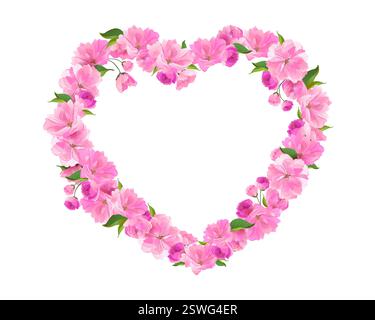 Carte de Saint-Valentin avec fleurs roses en forme de coeur et une paire de nuits blanches japonaises. Illustration vectorielle. Une couronne de cerisiers en fleurs. Les cerisiers fleurissent au printemps. Symbole de l'amour. Illustration de Vecteur