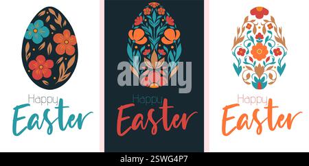 Joyeuses Pâques. Ensemble vectoriel de cartes verticales avec des oeufs d'art folklorique de Pâques et lettrage sur fond blanc et noir. Collection de cartes avec devis Illustration de Vecteur