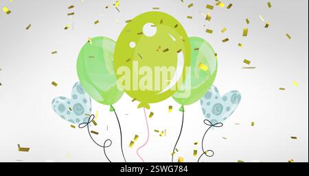 Image de confettis dorés tombant sur des ballons de fête à motifs verts et bleus sur fond gris Banque D'Images