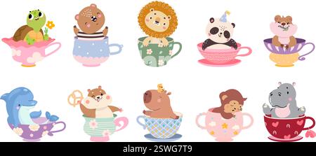 Animaux drôles dans des tasses. Animal sauvage de dessin animé assis dans une tasse de thé. Tortue lion ours panda hamster singe hippopotame. Mascottes enfantines positives, vecteur de nos jours Illustration de Vecteur