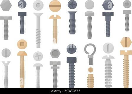 Boulons plats et vis. Vis et clou de dessin animé, outils en acier inoxydable argenté et doré pour la réparation, la construction. Attaches avec différents filetages néotériques Illustration de Vecteur