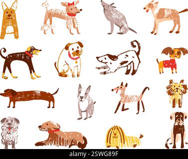 Chiens de dessin de style enfants. Chien crayon coloré, crayon animaux élégants. Chiot chiot bouledogue terrier puéril dessiné à la main. Vecteur néotérique isolé Illustration de Vecteur