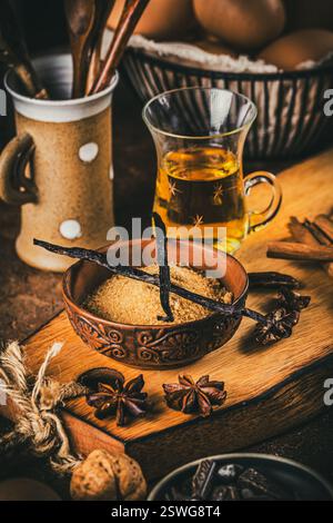 Haricots de vanille, cassonade, rhum et autres ingrédients de cuisson sur fond brun rustique. Préparation pour la cuisson maison. Banque D'Images