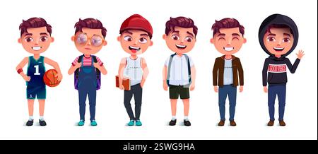 Jeu de caractères vectoriels garçons étudiants. Personnages masculins de l'école dans le sport, l'uniforme et le freestyle avec l'expression du visage amical pour les enfants éducatifs Illustration de Vecteur