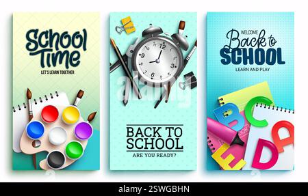Retour à la conception d'affiche vectorielle de retour à l'école. Texte de retour à l'école en fond blanc avec des cahiers, crayon et éléments d'apprentissage à l'aquarelle pour l'éducation Illustration de Vecteur