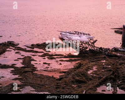 Un vieux bateau de pêche rouillé abandonné par une tempête sur le rivage. Cimetière de navires. Banque D'Images