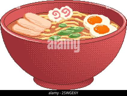 Soupe de ramen japonais Pixart avec tranches de viande, œufs et narutomaki isolé sur fond blanc. illustration vectorielle de style de jeu vidéo rétro 16 bits Illustration de Vecteur
