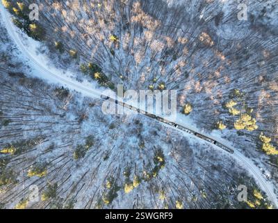 Vue aérienne d'un petit train court avec seulement six wagons, se déplaçant en serpentant et courbant à travers un arbre enneigé gelé dans la forêt Banque D'Images