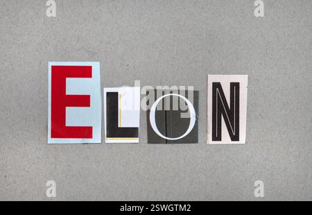 Le mot « elon » est écrit de manière confuse et désordonnée. les lettres proviennent de coupures de magazines Banque D'Images