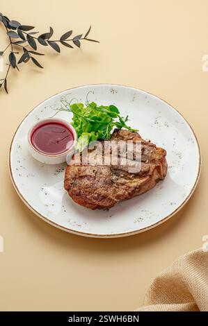 steak avec sauce aux airelles et herbes Banque D'Images