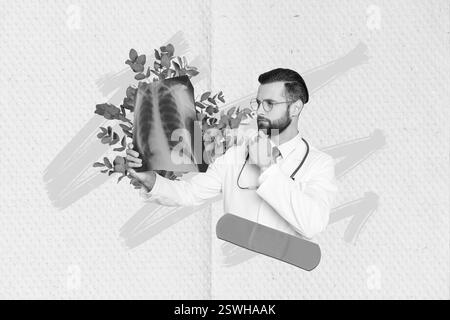 Image créative de collage de la main intelligente de médecin examiner poumons X-ray médical plâtre plante feuilles isolées sur fond peint Banque D'Images
