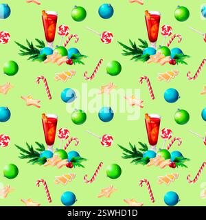 Vin chaud, biscuits de Noël, boules, cannes de bonbon, branches de sapin, et les feuilles de houx dans un motif aquarelle sans couture. Un design aquarelle parfait pour Banque D'Images